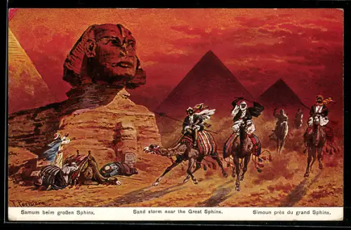 Künstler-AK Friedrich Perlberg: Samum bei der grossen Sphinx, Kamele