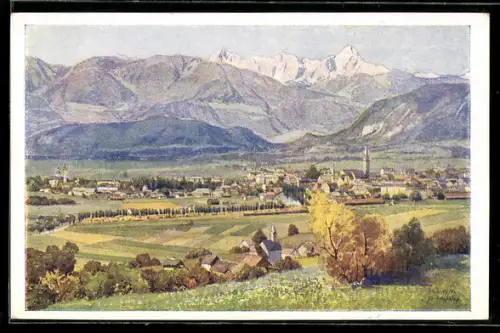 AK Deutscher Schulverein Nr. 1613: Villach /Kärnten, Panorama mit Stadt und Gebirge