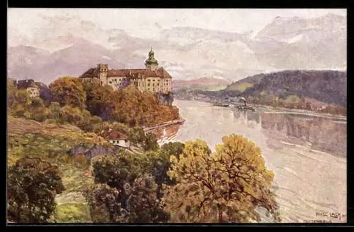 Künstler-AK Fritz Lach: Schloss Persenbeug, Geburtsstätte Sr. Majestät Kaiser Karl I, a. d. Donau, Nibelungenweg