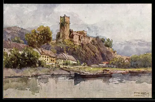 Künstler-AK Fritz Lach: Weitenegg a. D., Nibelungenweg, Teilansicht mit Schloss und Booten