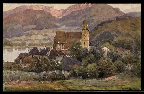 Künstler-AK Fritz Lach: Spitz a. d. Donau, Nibelungenweg, Panorama mit Kirche