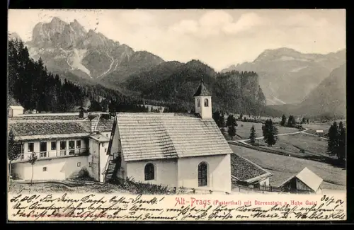 AK Alt-Prags, Ortsansicht mit Dürrenstein u. Hohe Gaisl