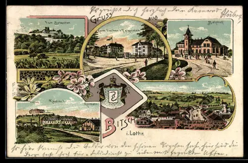Künstler-AK Bitsch i. Lothr., Bahnhof, Kaserne I, Wappen, Fort Sebastian
