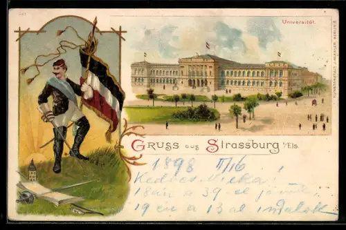 Lithographie Strassburg i. Els., Student mit Flagge, Universität