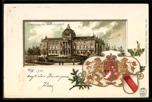Lithographie Strassburg, Kaiserpalast, Wappen