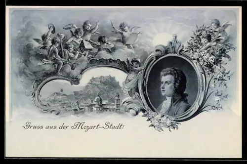 Lithographie Salzburg, Mozart, Portrait des Komponisten, Engel beim Musizieren, Blick auf die Stadt
