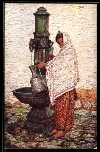 Künstler-AK bosnische Frau in Tracht beim Wasserholen an einem Brunnen
