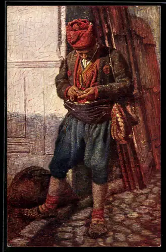Künstler-AK Bosnier in Tracht begutachtet etwas in seiner Hand