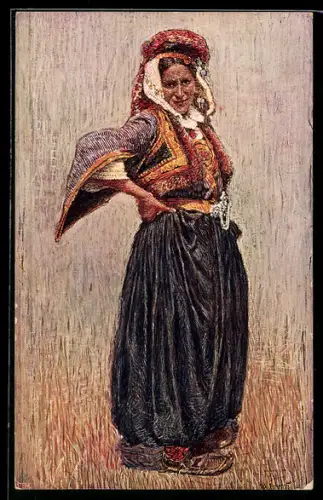 AK Frau mit Pluderhose und Kopfschmuck aus Bosnien und Hercegovina