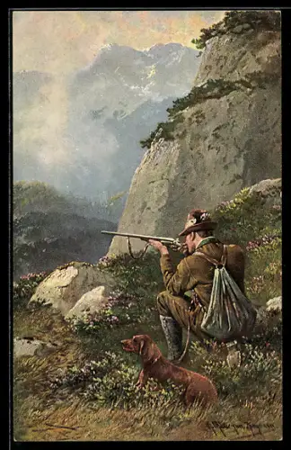 Künstler-AK August Müller - München: Jäger mit Jagdhund