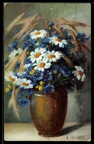 Künstler-AK Anna Haller: Blumenvase mit Getreidehalmen
