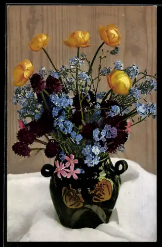 AK Photochromie NR 493: Bunter Blumenstrauss mit Vergissmeinnicht in einer Vase