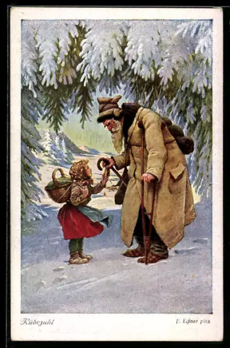 Künstler-AK sign. F. Elssner: Rübezahl mit kleinem Mädchen im Winterwald