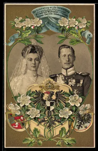 AK Kronprinz Wilhelm von Preussen mit Herzogin Cecilie v.Meklenburg-Schwerin, Erinnerung a.d.Vermählung 1905, Wappen