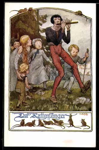 AK Deutscher Schulverein Nr. 905: Der Rattenfänger von Hameln führt die Kinder aus der Stadt