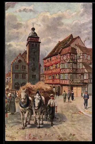 Künstler-AK H. Hoffmann: Mosbach, Bauer mit Fuhrwerk auf dem Marktplatz