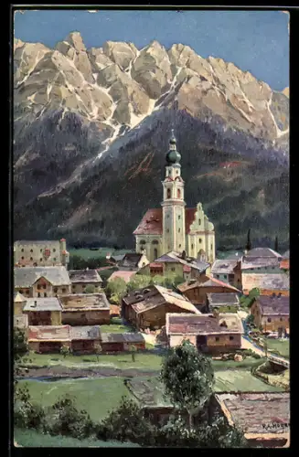 Künstler-AK Rudolf Alfred Höger: Toblach, Partie mit den Dolomiten