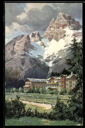 Künstler-AK Rudolf Alfred Höger: Schluderbach, Ortsansicht, Dolomiten