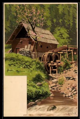 Künstler-AK Alfred Mailick: Uferpartie mit Wassermühle