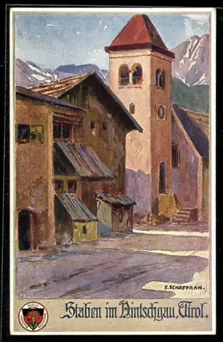 Künstler-AK Staben im Vintschgau, Ortsansicht mit Kirche