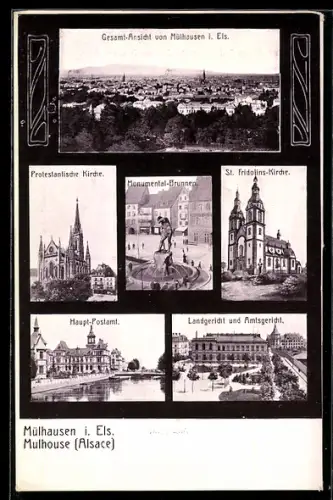 AK Mülhausen i. Els, Landgericht und Amtsgericht, Haupt-Postamt, Monumental-Brunnen
