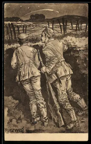 Künstler-AK sign. Kurzweg: Soldaten auf nächtlicher Wacht am Horchposten