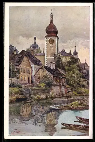 Künstler-AK Erwin Pendl: Waidhofen a. d. Ybbs, Torturm im Ortsbild