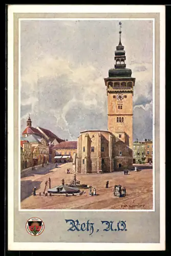 AK Deutscher Schulverein NR 583: Künstler R. Schmidt, Retz, Ortsansicht mit der Kirche