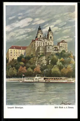 Künstler-AK Leopold Schweiger: Melk a. d. Donau, Stift und Dampfer