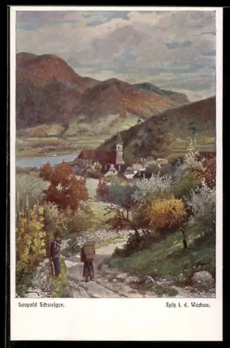 Künstler-AK Leopold Schweiger: Spitz i. d. Wachau, Bauer auf dem Weg in den Ort