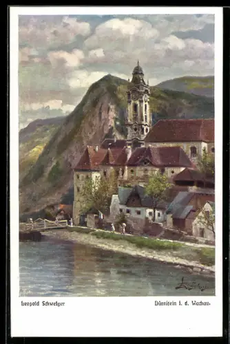 Künstler-AK Leopold Schweiger: Dürnstein i. d. Wachau, Teilansicht mit Anwohnern