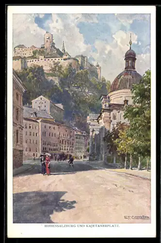 Künstler-AK Edward Theodore Compton: Salzburg, Hohensalzburg, Partie am Kajetanerplatz