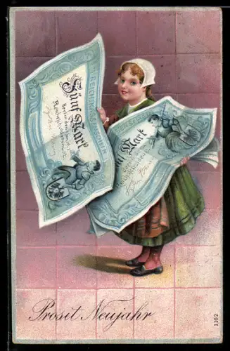 Lithographie Mädchen mit Geldscheinen