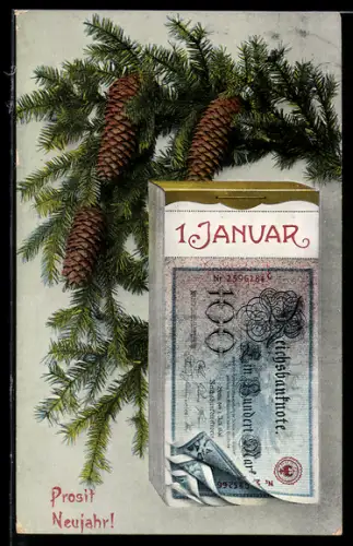 AK Reichsbanknote Ein Hundert Mark unter Tannenzapfen, Geld