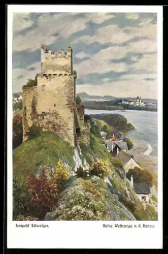Künstler-AK Leopold Schweiger: Weitenegg a. d. Donau, Ruine, Panorama