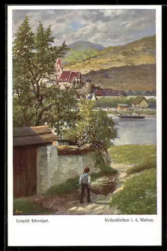 Künstler-AK Leopold Schweiger: Weissenkirchen i. d. Wachau, Ortspartie mit einem Bauern