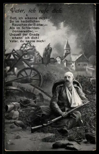 AK Vater ich rufe dich, verwundeter Soldat mit Schulterstück Regiment 106 im Gebet auf einem Schlachtfeld