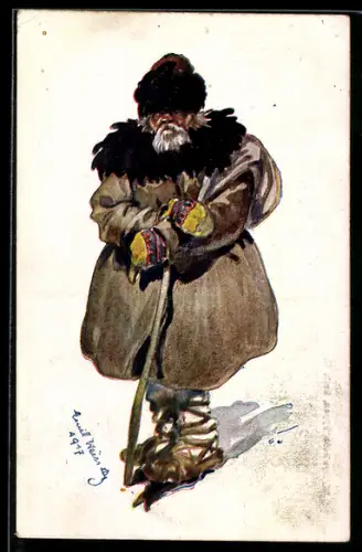 Künstler-AK Wolhynische Typen, Pole in Winterkleidung