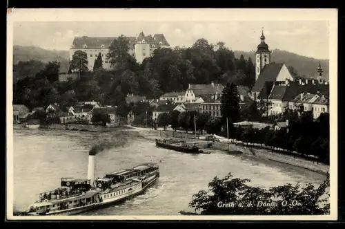 AK Grein a. d. Donau, Schloss und Kirche mit Dampfer