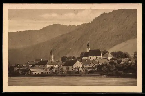 AK Engelhartszell a. D., Uferpartie mit Kirche