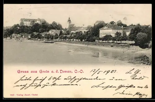 AK Grein a. d. Donau, Uferpartie mit Kirche