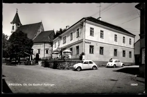 AK Kreuzen /O.-Ö., Gasthof Faltinger mit Kirche