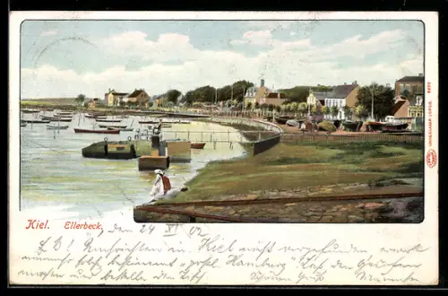 Lithographie Kiel-Ellerbeck, Hafenansicht mit Booten und Uferpromenade