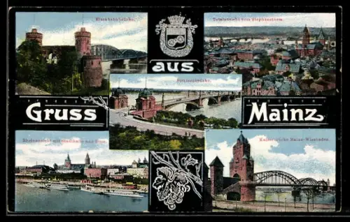 AK Mainz, Eisenbahnbrücke, Rheinbrücke, Kaiserbrücke Mainz-Wiesbaden