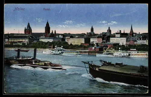 AK Mainz, Totalansicht mit Rhein und Dom