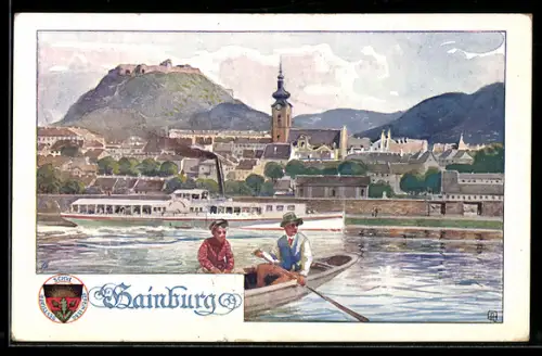 Künstler-AK Hainburg a. d. D., Blick auf den Ort, Deutscher Schulverein