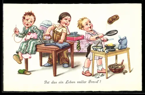 AK Kinder bei der Hausarbeit, Kochen, Bügeln und Stopfen
