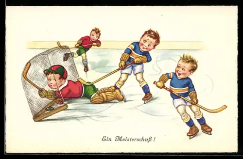 Künstler-AK Kinder spielen Eishockey