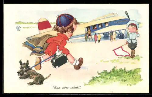 Künstler-AK Hol maar niet zo, dacht jij misschien..., Kleine Dame rennt zum Flugzeug