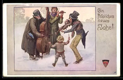 AK Deutscher Schulverein Nr. 544: Ein fröhliches neues Jahr, Vagabunden musizieren im Schnee